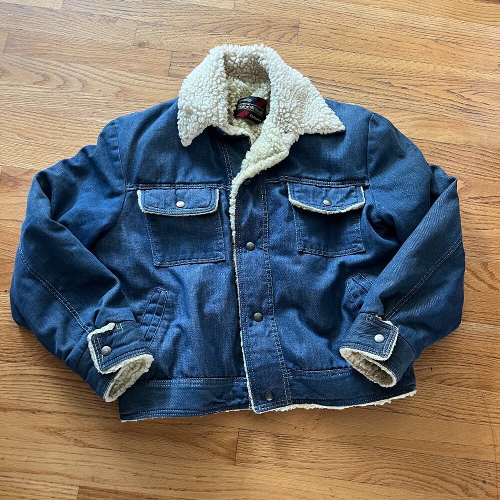 Vintage 70s Sears Jacket  Denim Bomber Size 42R Outerwear Sherpa Lined Barn Snap